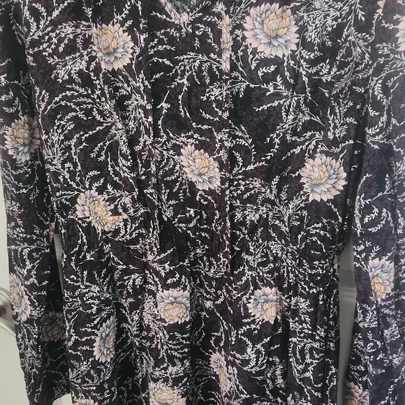 LOFT Black and Pink Floral Long Sleeve Trimmee Dress Small - Picture 4 of 7